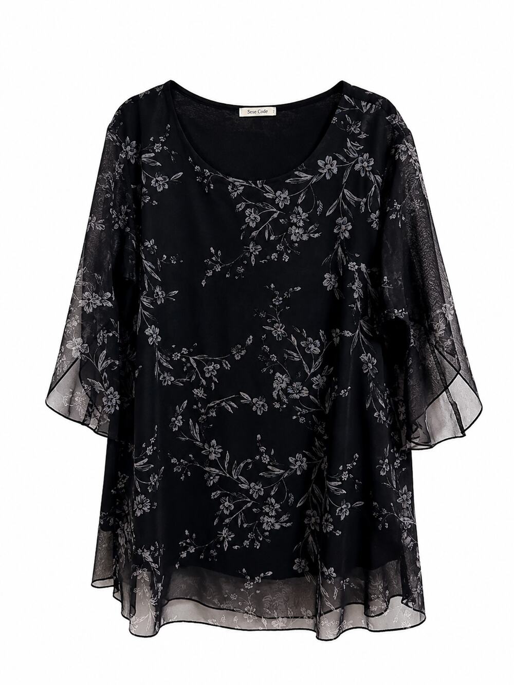 Sese Code 3X Black Sheer Floral Blouse Chiffon Overlay Bell Sleeve